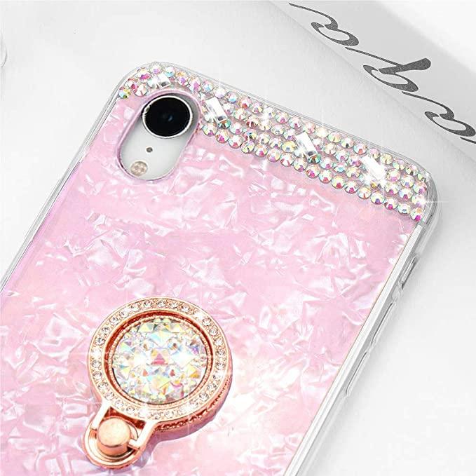 LAPOPNUT Coque iPhone XR Silicone Paillettes Cristal Strass Diamant Motif  Marbre Étui Housse avec 360 Degrés Rotation Support Anneau Bague pour Apple iPhone  XR Blanc