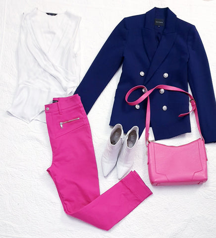 Navy blazer and hot pink pants