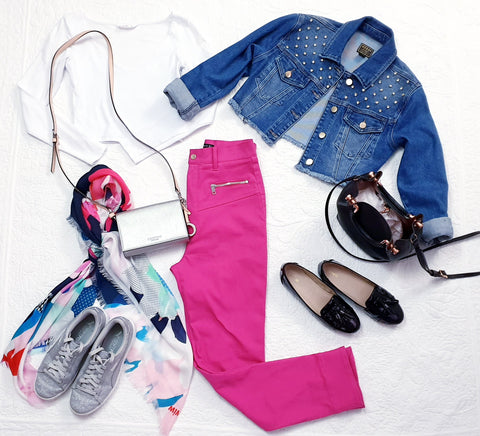 Denim jacket and pink pants