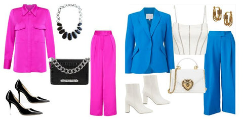 hot pink and cobalt blue pant suits