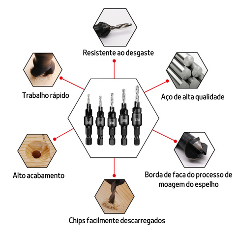 Brocas Escareadoras Em Titânio | Conjunto Com 5 Peças