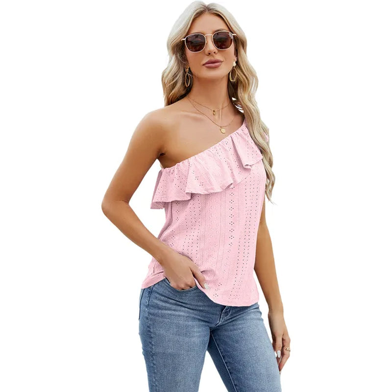 Slanted Shoulder T-Shirt: Ruffled Edge Solid Top for Women