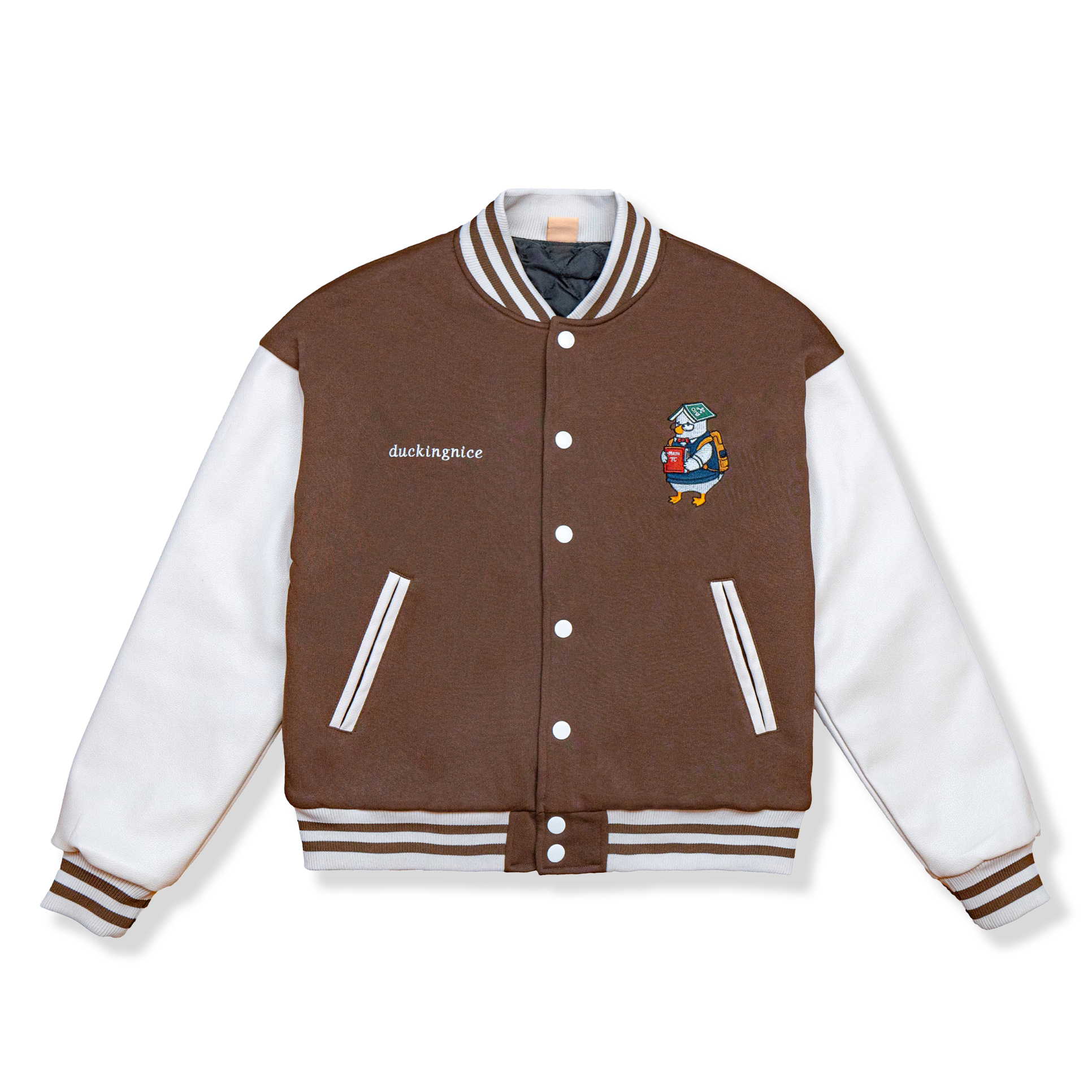 "STUDENT DUCK” VARSITY JACKET COFFEE