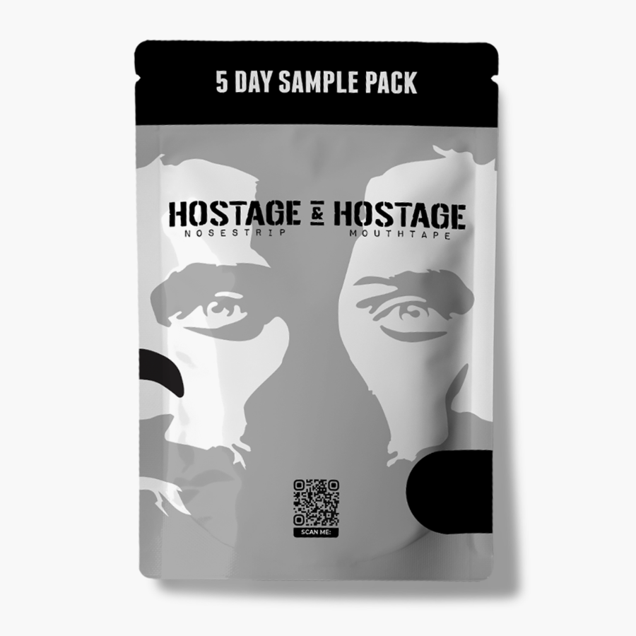 Packaging for a 5-day sample pack of Hostage nose and mouth tape with stylized face graphics.