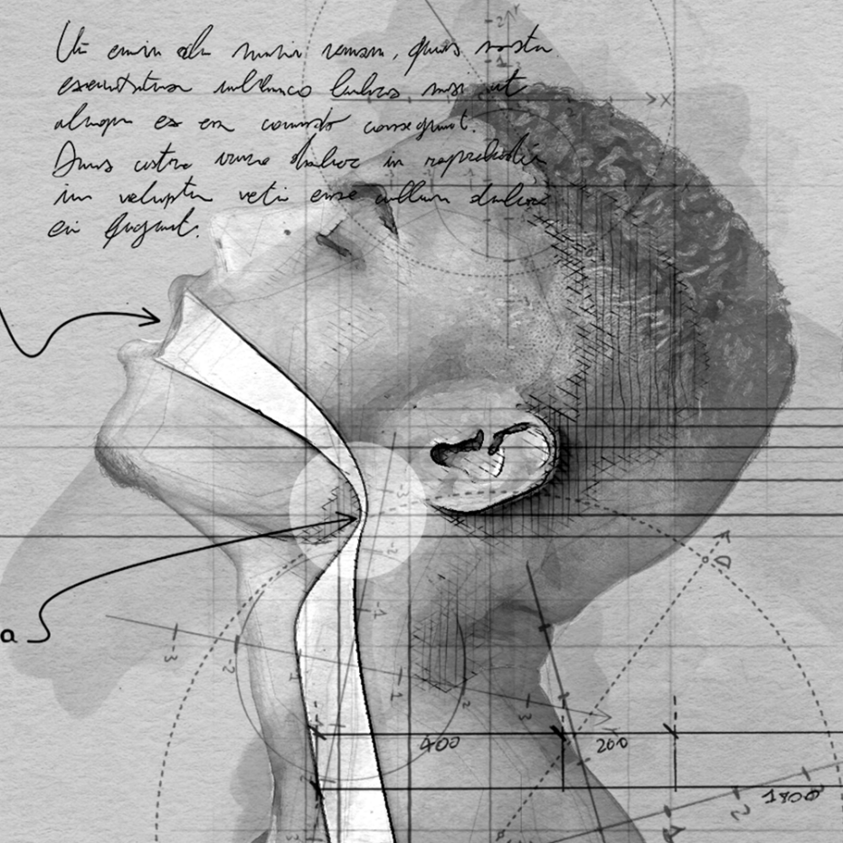 Abstract monochrome artwork blending a human profile with architectural sketches and handwritten text.