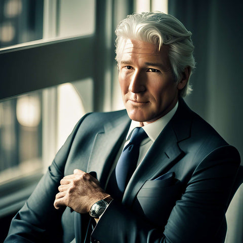 Richard Gere as a wall street hotshot in his office.