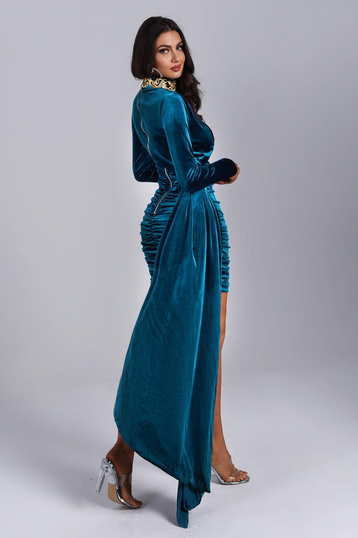 Brinley Blue Velvet Drape Dress - Blue – Bellabarnett