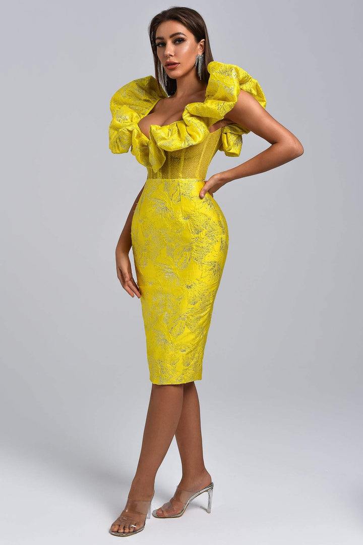 Melany Jacquard Midi Dress - Yellow – Bellabarnett