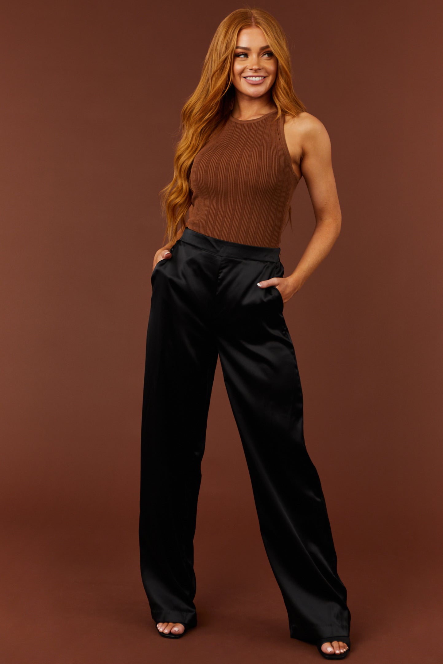 Black Contrast Waistband Wide Leg Pants