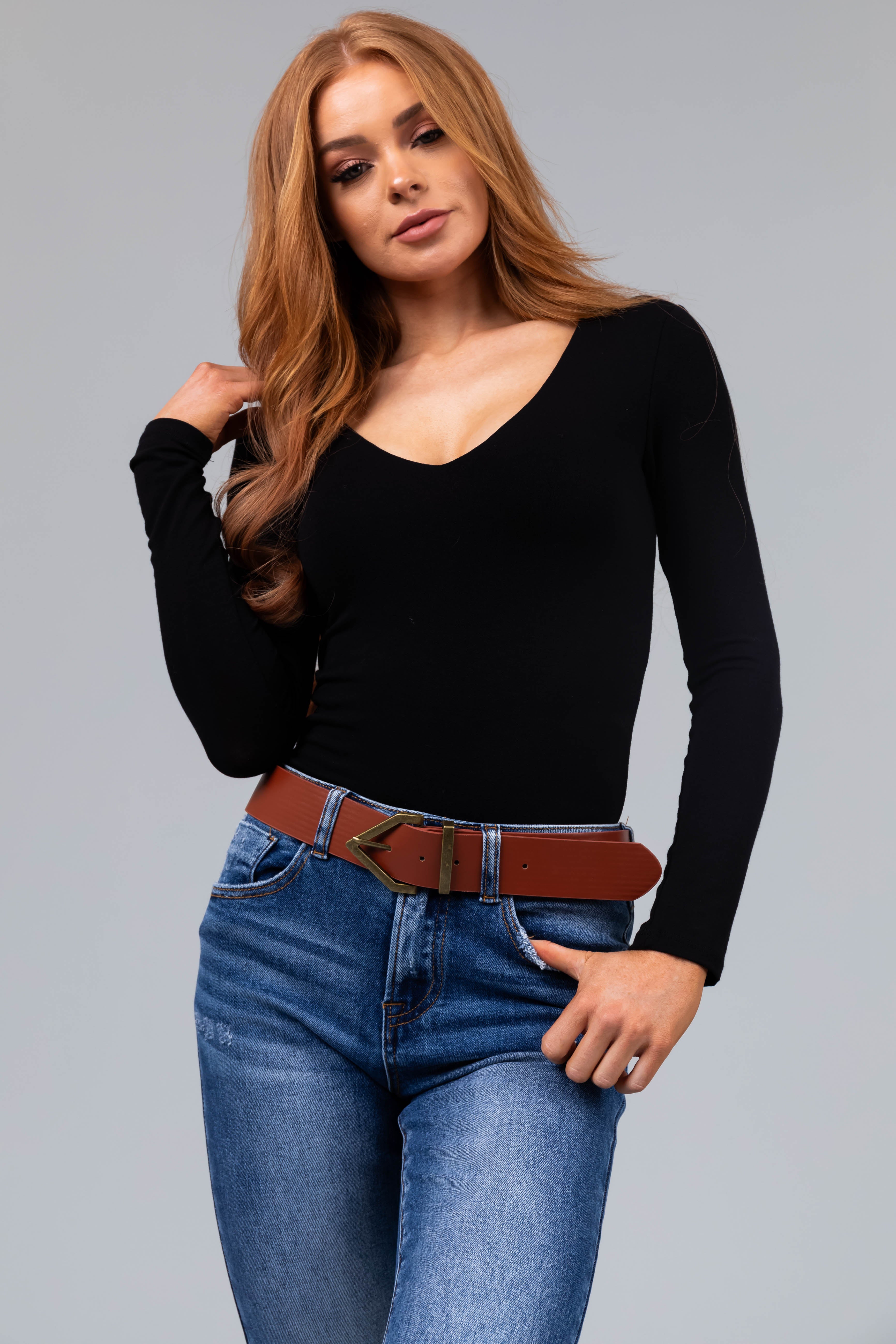 Black Square Buckle Thin Faux Leather Belt