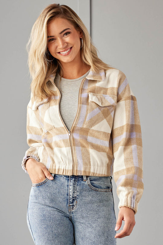 Camel And Lavender Plaid Cropped Zip Up Jacket