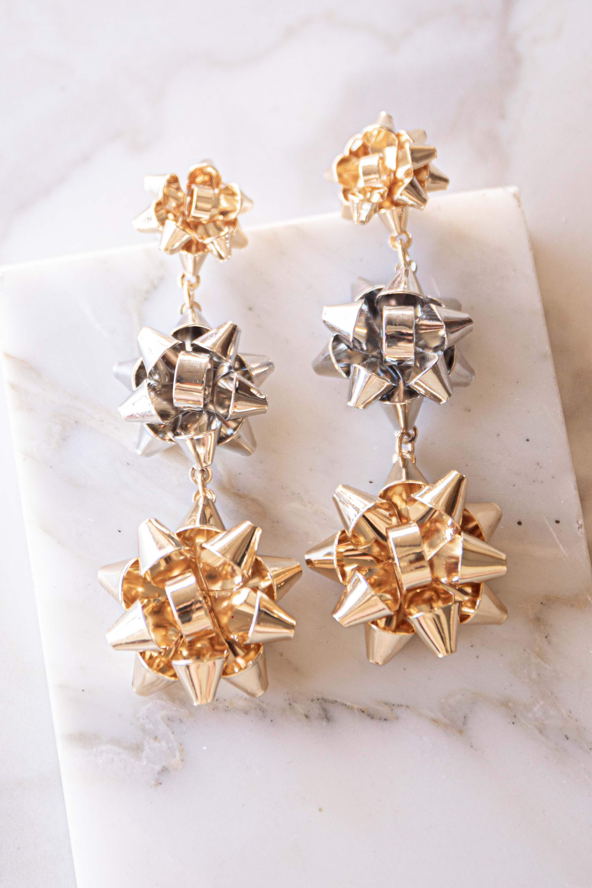 Gold and Silver Tiered Holiday Bow Earrings