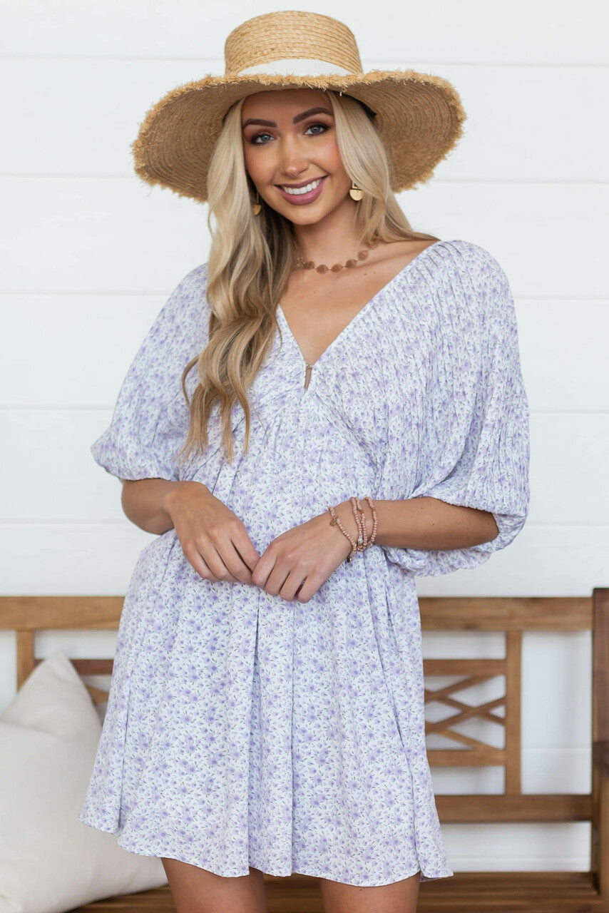 Lavender Floral Pleated Puff Sleeve Dress 