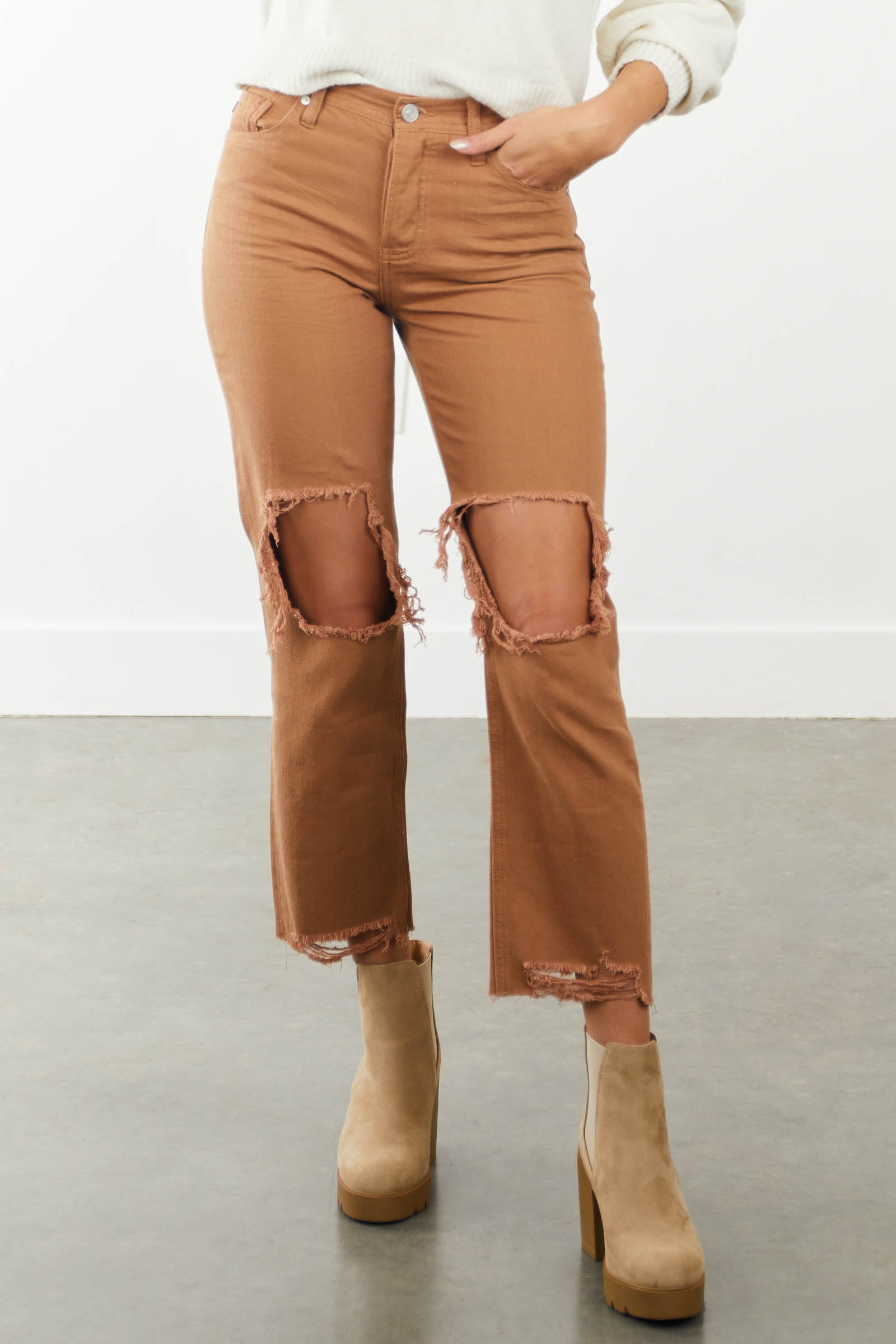 Light Cognac Distressed Knee Boyfriend Jeans