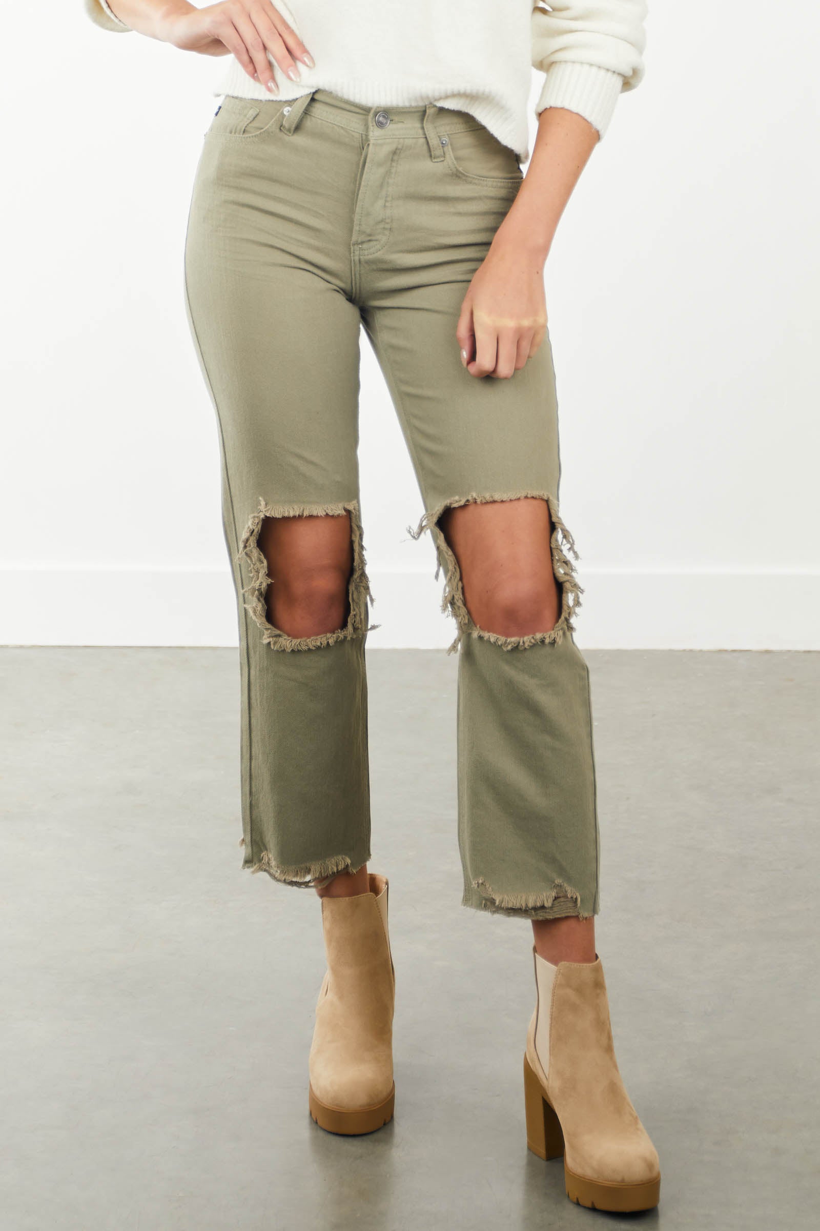 Light Olive Distressed Knee Boyfriend Jeans