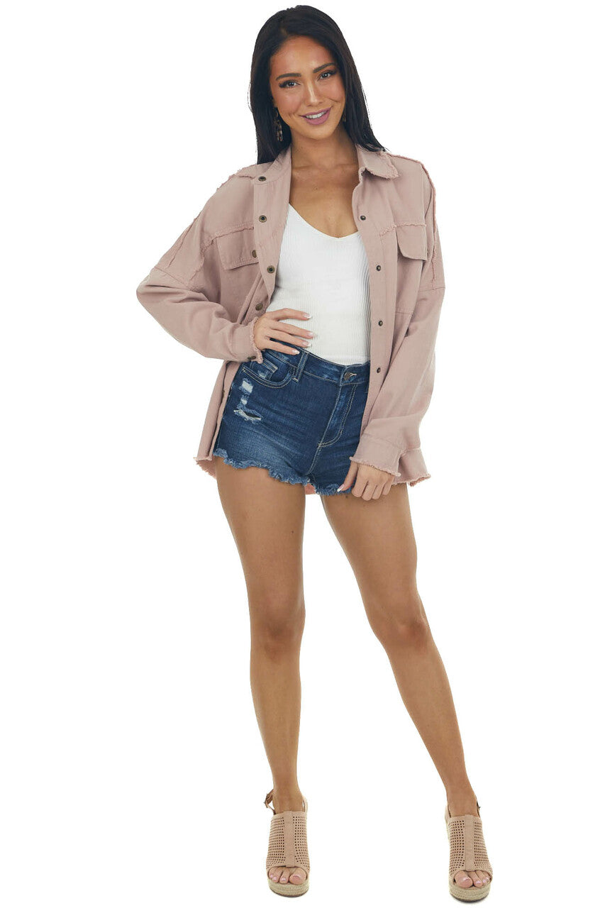 Light Rose Taupe Fraying Button Down Shacket