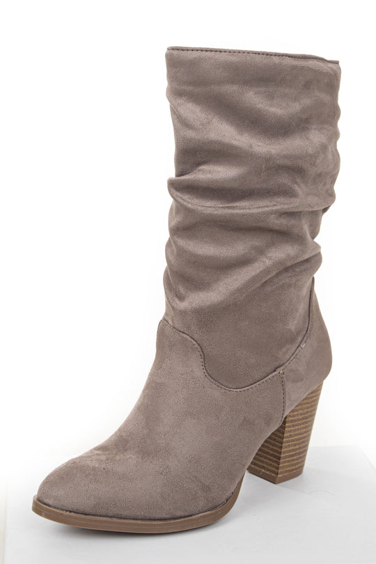 Light Taupe Faux Suede Slouchy Mid Calf Heel Boots
