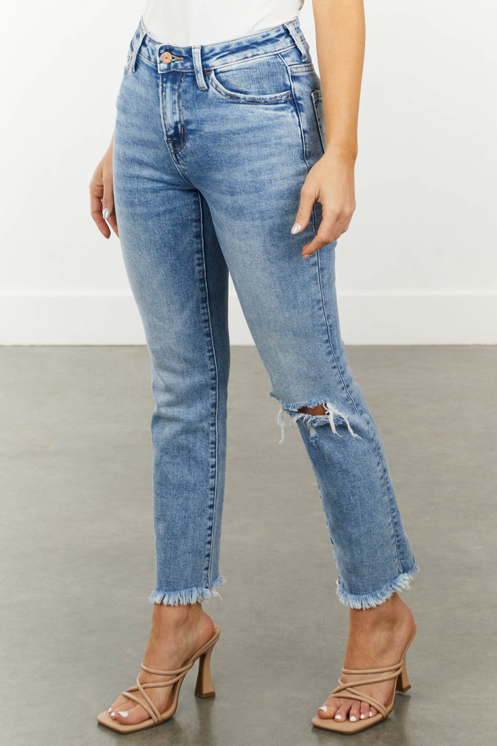 Medium High Rise Straight Cut Distressed Cropped Jeans