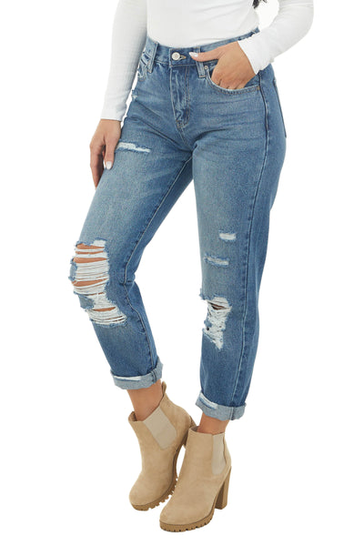 Premium Denim High Waisted Mom Jeans in Non Distressed Mid-Wash