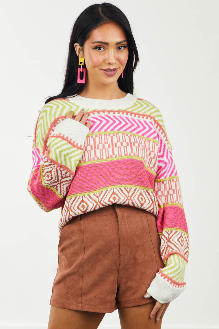 Neon Pink Multi Pattern Drop Shoulder Sweater