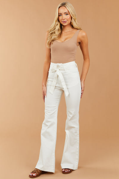 Off White High Rise Waist Tie Belt Flare Jeans | Lime Lush