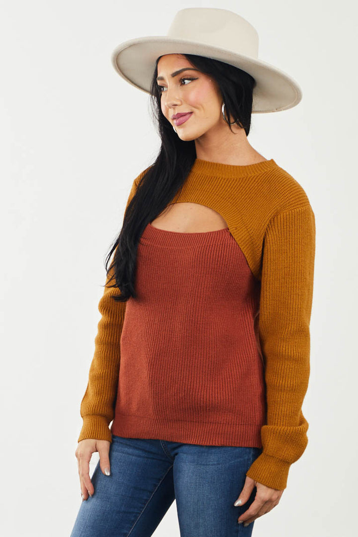 Rust and Caramel Colorblock Front Cut Out Sweater