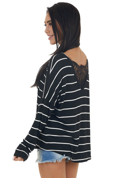 Black Striped Long Sleeve Knit Top with Back Lace Detail 