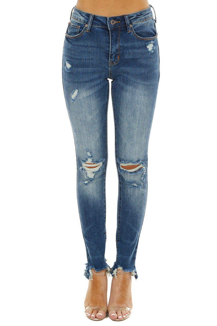 side slit frayed hem ankle jeans // medium wash – shoppinkdoorboutique