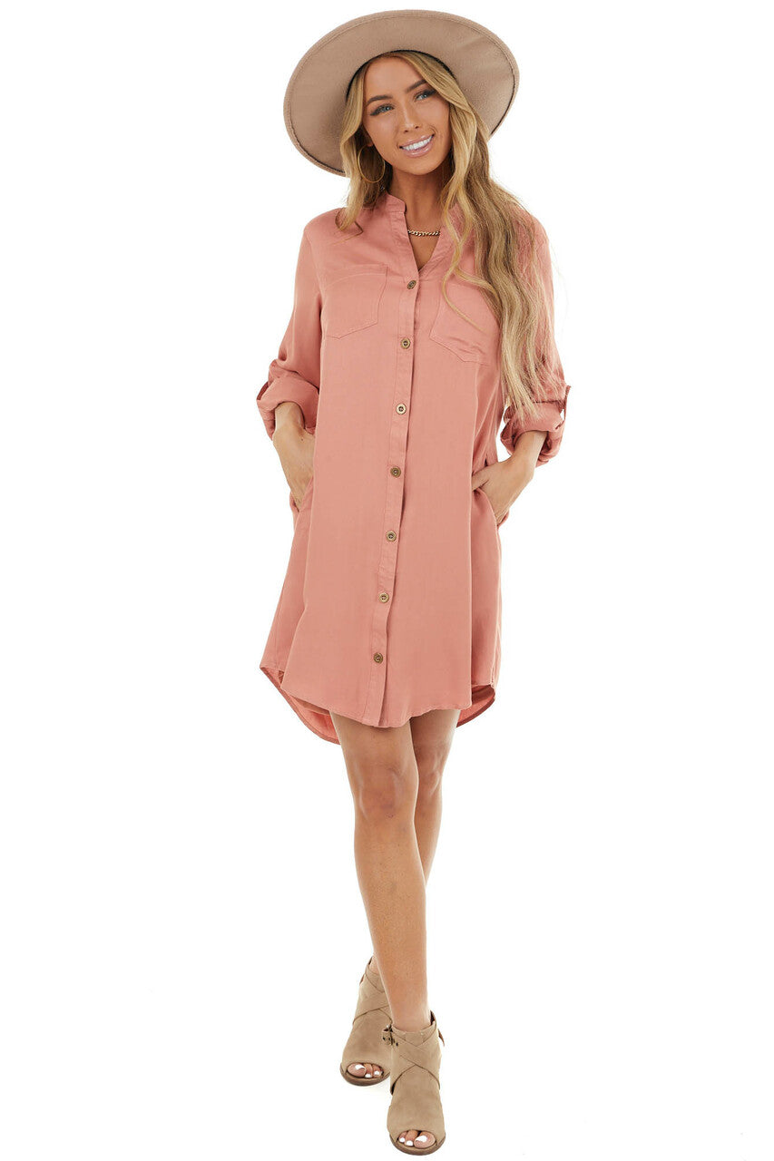 Terracotta Button Down Collared Short Dress with Pockets
