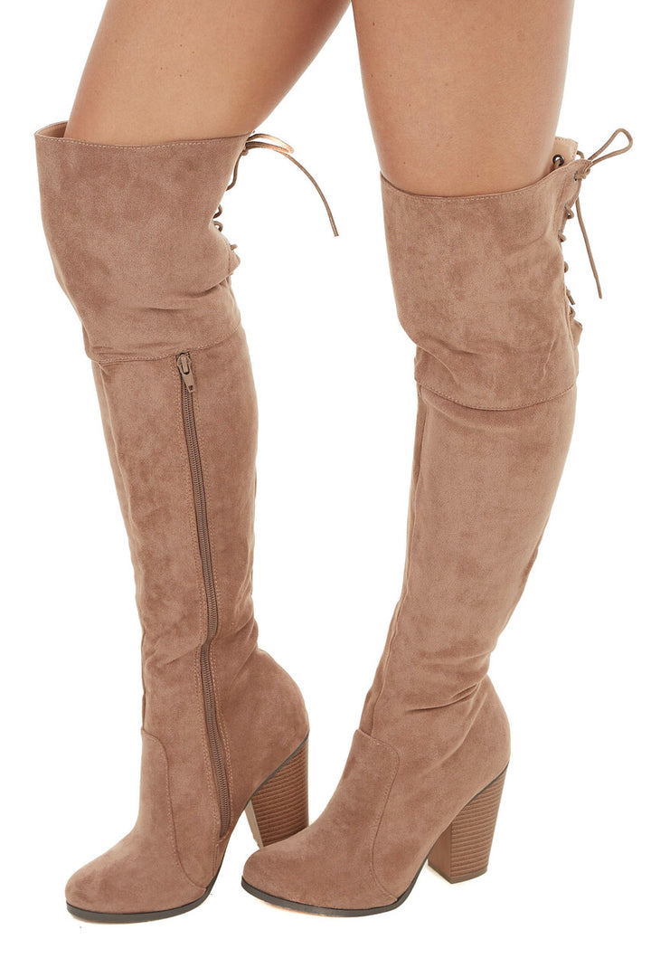 uitslag contrast Ondeugd Taupe Over the Knee High Boots with Lace Up Back Detail | Lime Lush