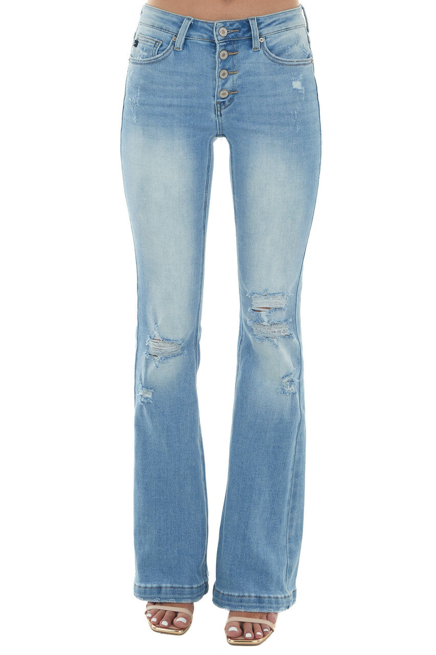 Special A Medium Wash Frayed Hem High Rise Flare Jeans