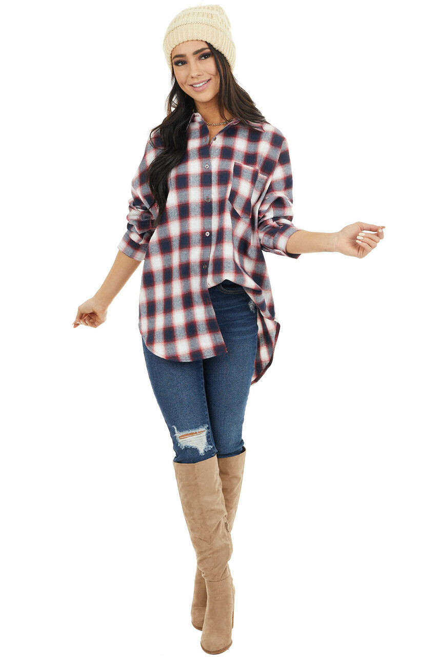 Navy and Ruby Plaid Long Sleeve Button Up Top
