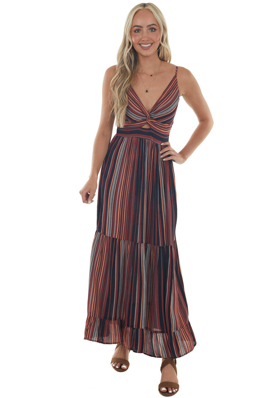 Maroon Striped Sleeveless Tiered Maxi Dress 