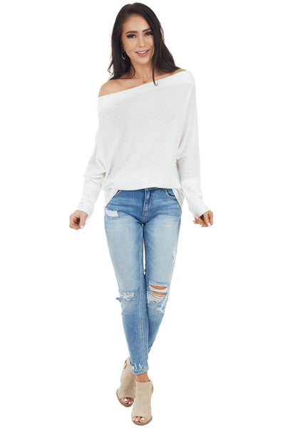 Ivory Waffle Knit Off Shoulder Long Sleeve Knit Top