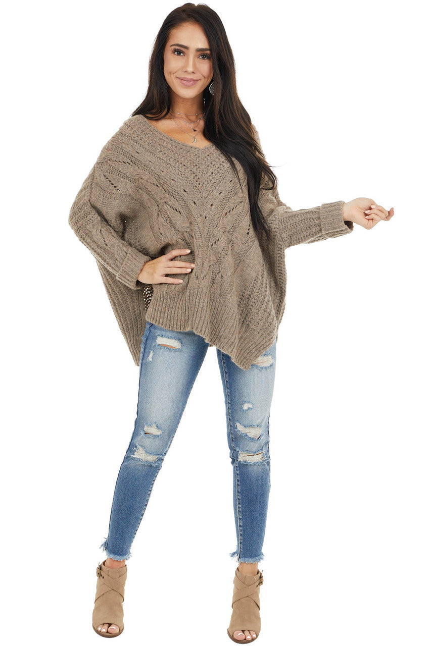 Taupe Oversized Cable Knit Sweater with Side Slits