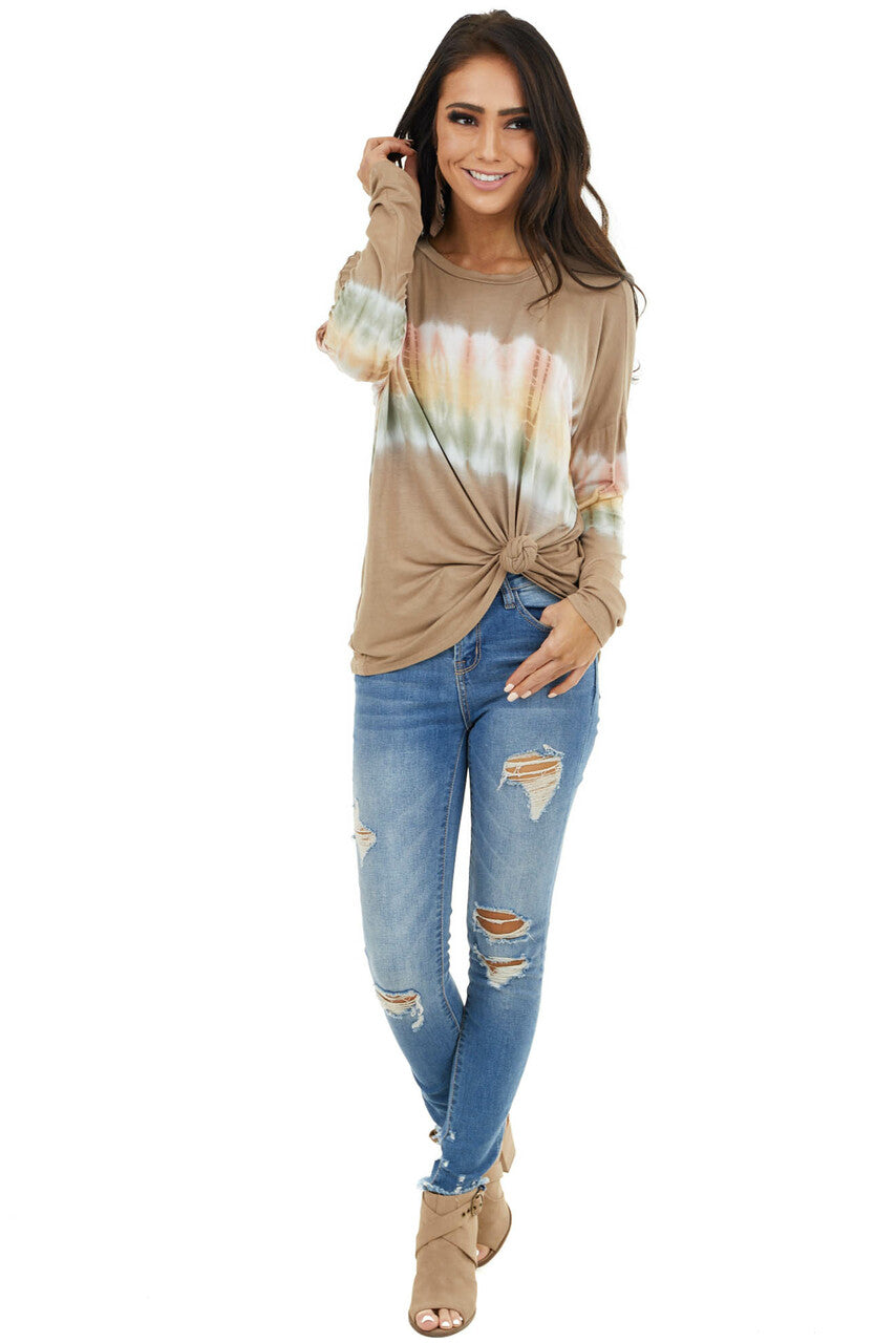 Walnut and Ivory Long Sleeve Top with Tie Dye Detail