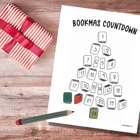Free printed Bookmas Countdown coloring page with Christmas tree made out of books sitting on wooden table with present wrapped in red striped paper with red ribbon on the left.