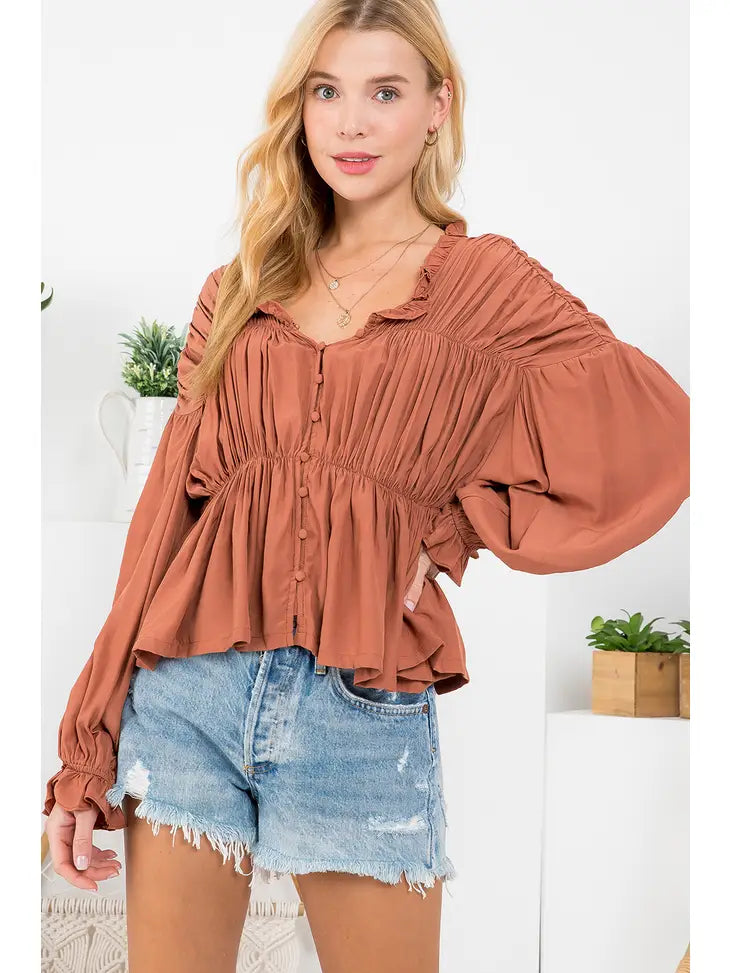 SHIRRED BUTTON UP BLOUSE