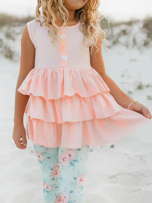 Kids Peach Teal Floral Tiered Ruffle Button  Set - The Druzy Rose