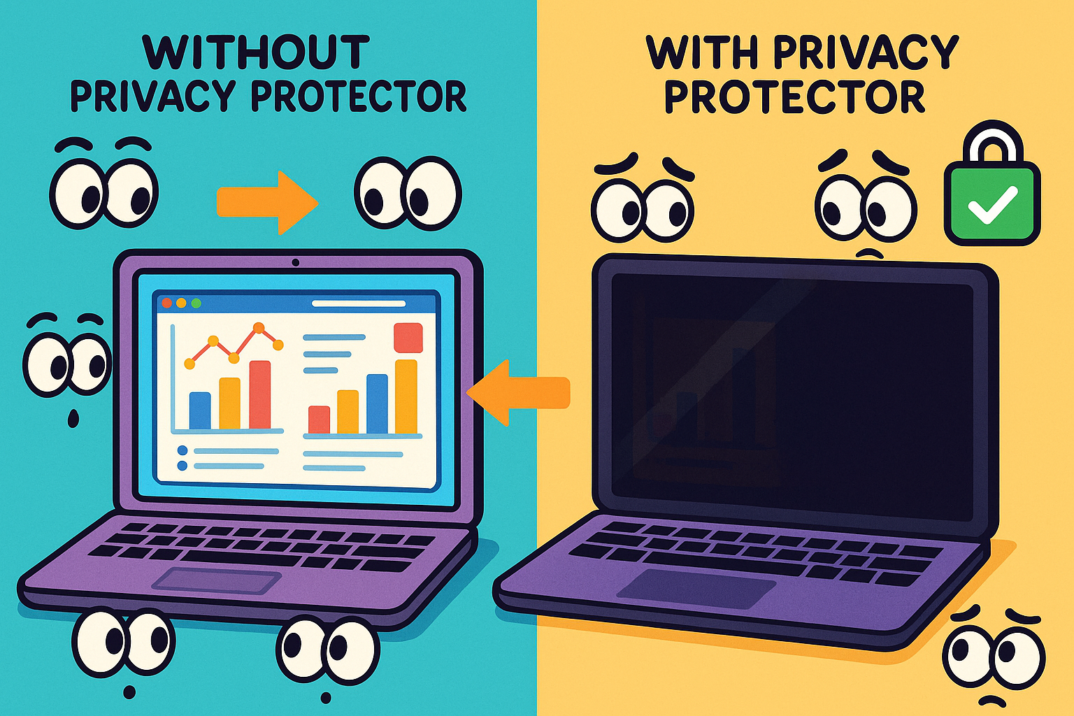 Animated style: visual comparison of screen with and without privacy protector