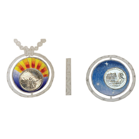 colored sketch of pendant with micro-mosaics, one side with sun rays and Maya Angelou quarter, opposite side with moon and stars and Frederick Douglass quarter