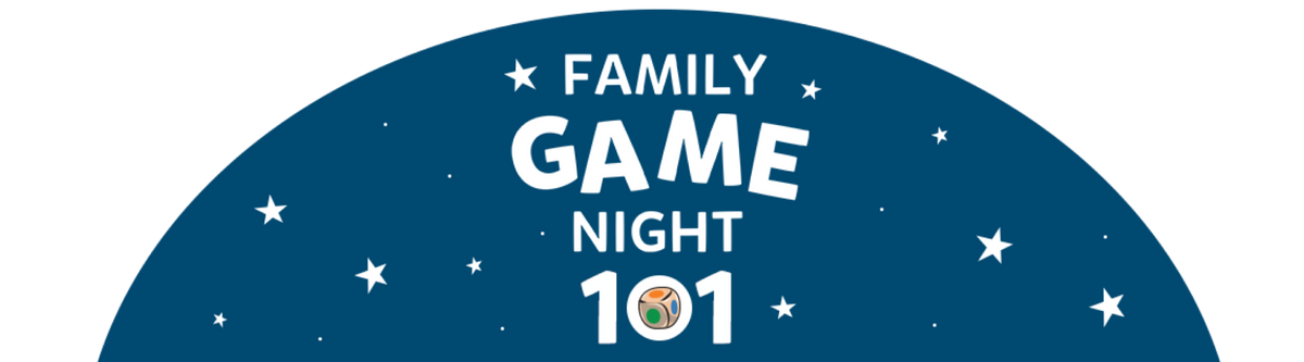 Family Game Night 101 logo from Skillmatics in a dark blue semi circle with stars around