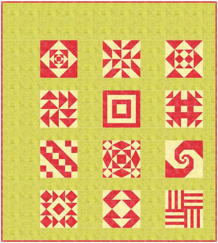 Lime green sampler quilt with pink and cream blocks fourth draft