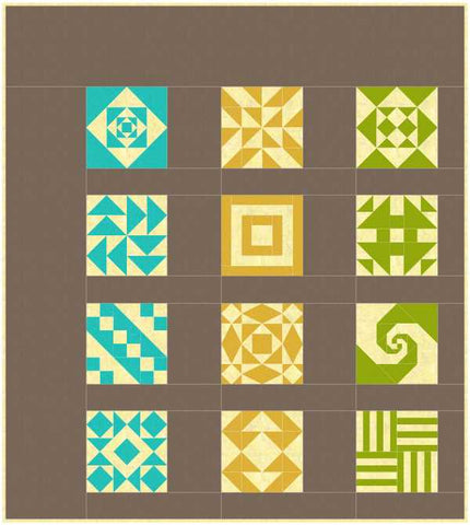 Sampler quilt with brown background and blue, yellow, and green blocks. Final draft Spicerack Sampler.