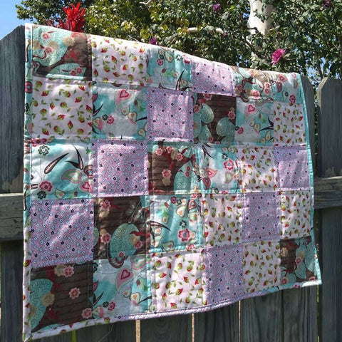 Baby quilt squares pink teal chocolate brown