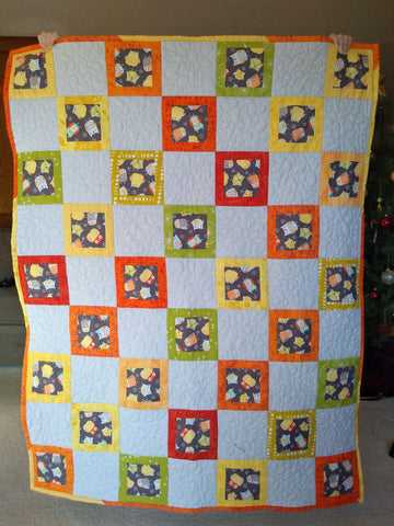 Baby quilt owls gray background orange red green