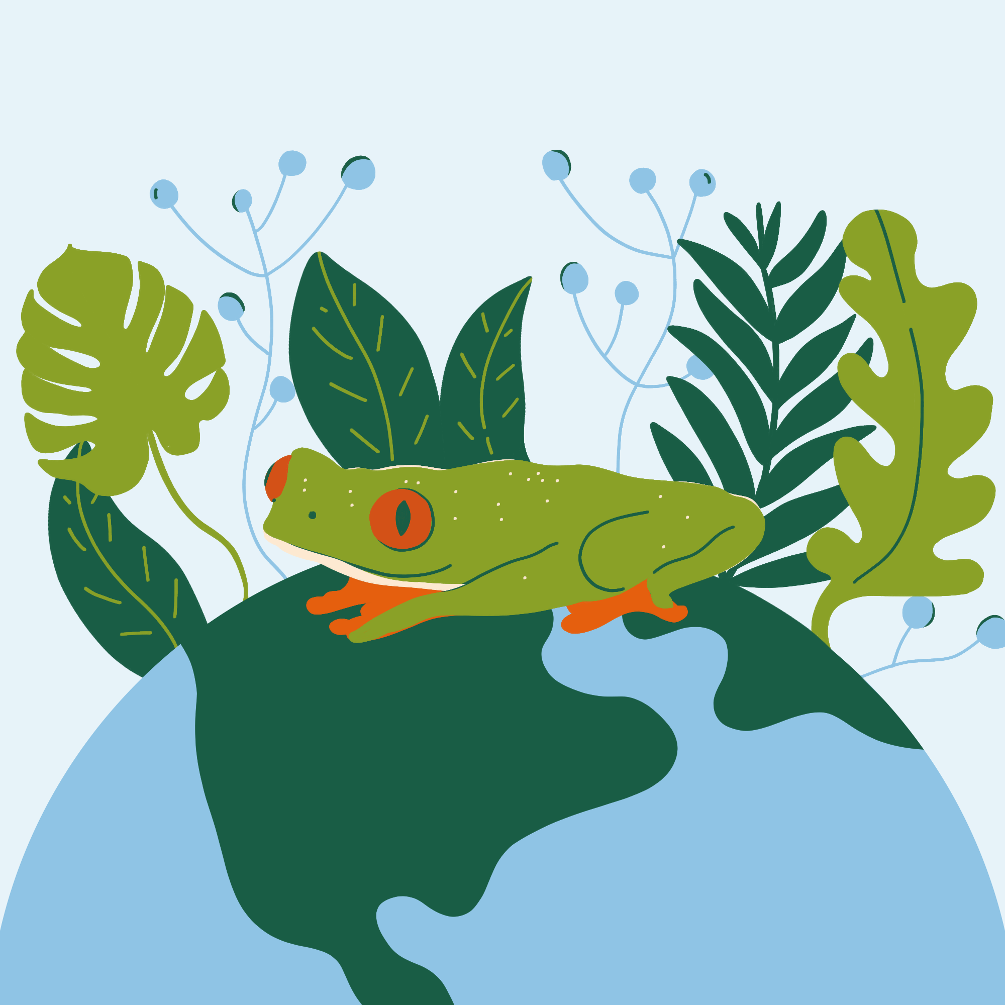 Graphic of a frog sitting on planet Earth with greenery