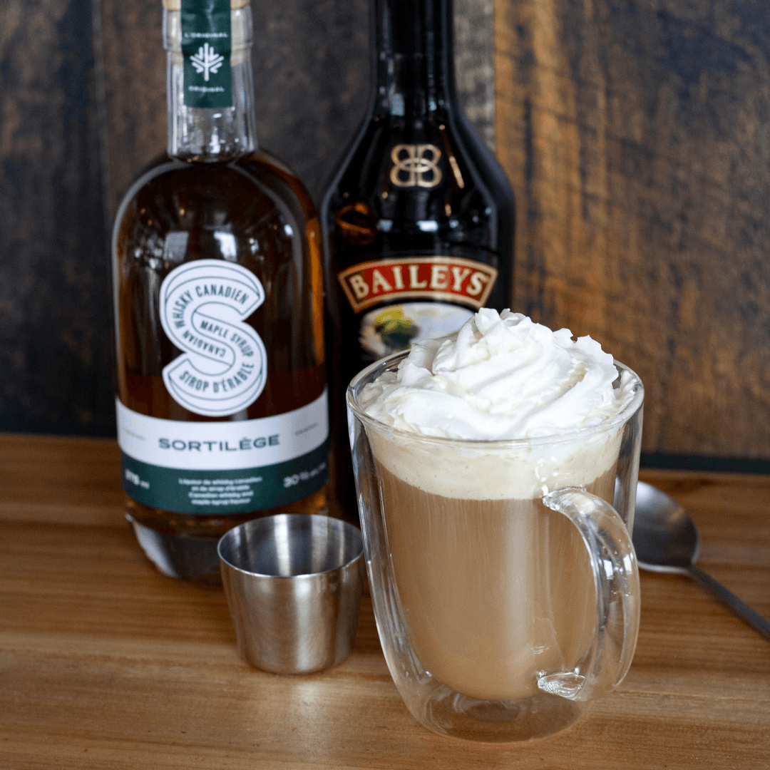 Irish coffee made with Sortilège whisky and Baileys Irish Cream