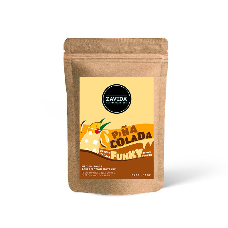 Piña Colada flavored coffee, available in whole bean or ground coffee formats.