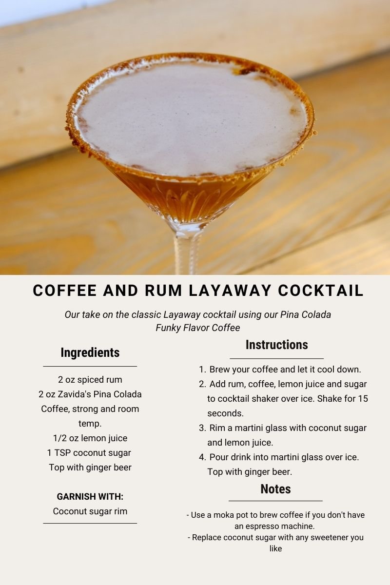 Recipe card on how to make a dark and story cocktail with a twist, this is our coffee and rum layaway cocktail recipe that adds a great punch to your day.